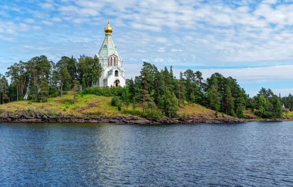 The sky, clouds, trees, lake, stones, shore, Church, Karelia