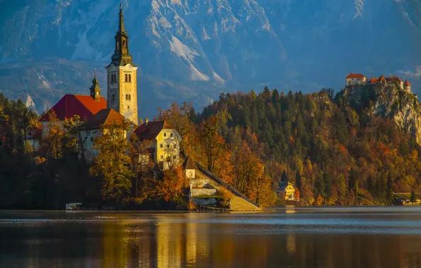 Forest, mountains, lake, Church, Slovenia, Lake Bled, Slovenia, Lake bled