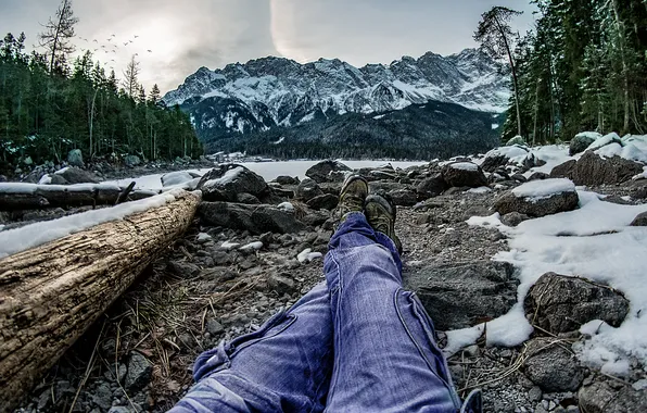 Winter, forest, clouds, snow, mountains, nature, stones, feet