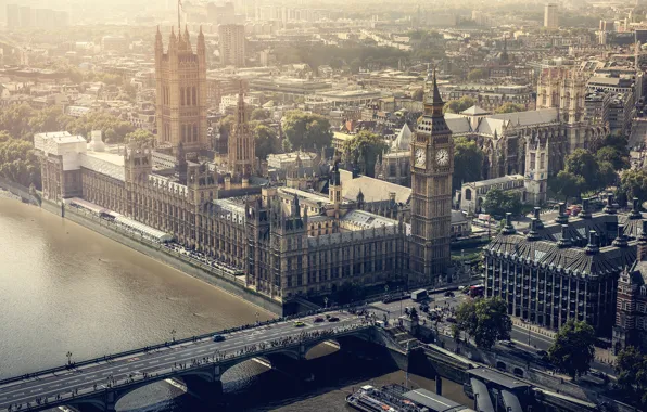 The sun, trees, bridge, river, street, England, London, home