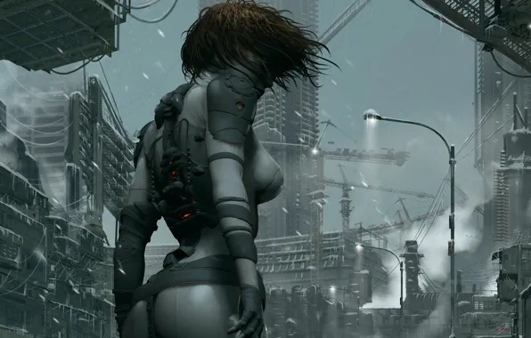 Cold, winter, girl, snow, the city, future, the wind, icicles