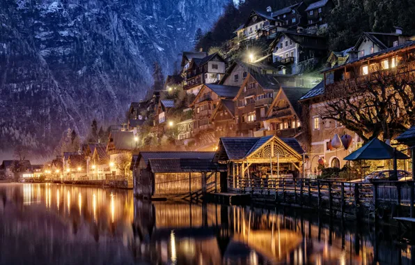 Trees, mountains, lights, lake, rocks, shore, home, the evening