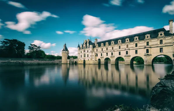 The sky, trees, lake, pond, castle, France, tower