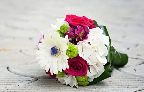 Picture flowers, roses, bouquet, pink, white, gerbera, purple