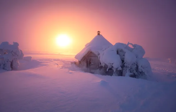 Winter, the sun, landscape, nature, hut, house, Lapland, snow