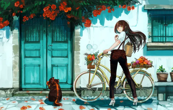 The door, dragon, in jeans, red flowers, from the back, bike and girl, a basket …