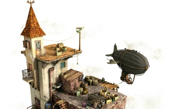 Picture house, yard, the airship
