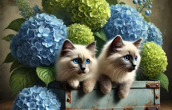 Look, cats, pose, kittens, hydrangea, faces, AI art, neural network