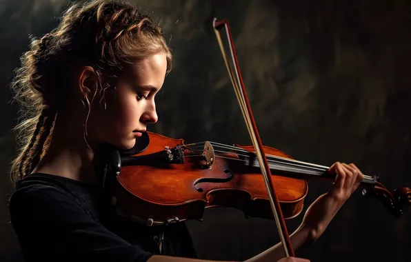 Girl, light, music, the dark background, violin, the game, girl, profile