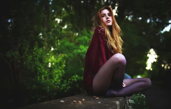 Trees, model, portrait, makeup, hairstyle, legs, sitting, redhead