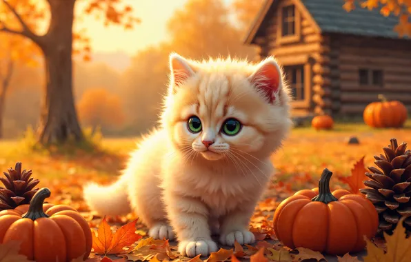 Autumn, cat, look, light, pose, house, kitty, tree