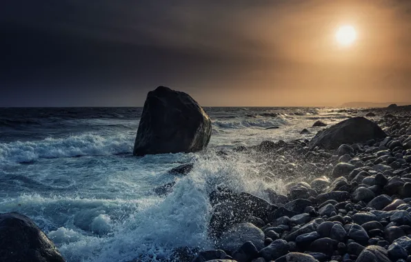 Sea, sunset, stones, coast, Norway, Norway, Mølen, The Skagerrak Strait