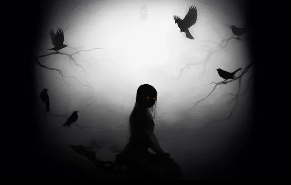 Picture fear, darkness, something, Night, the demon, crows, red eyes, art