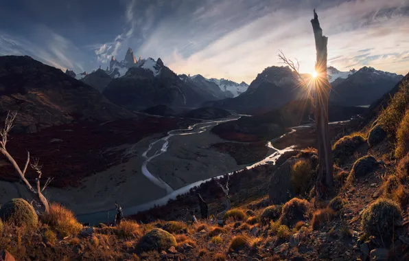 The sun, trees, mountains, river, vegetation, slope, Andes, Patagonia