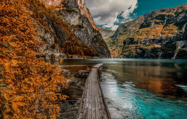 Picture autumn, mountains, lake, pier, the bridge
