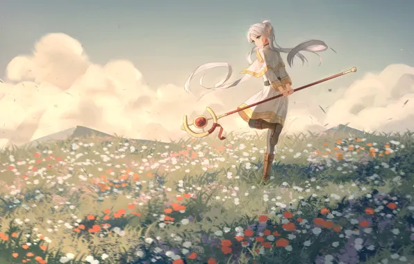 The sky, girl, flowers, nature, elf, fantasy, staff, Sousou no Frieren