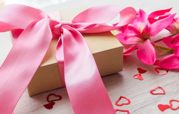 Flowers, gift, tape, hearts, love, pink, flowers, romantic