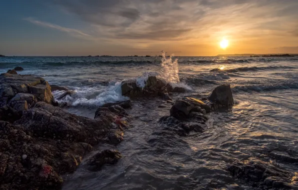 Sea, wave, the sky, the sun, clouds, landscape, sunset, nature