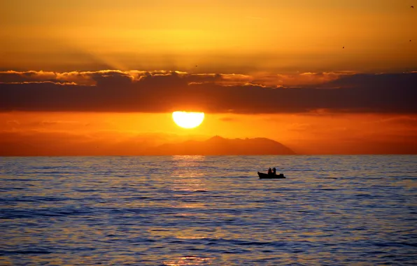 Sea, sunset, boat