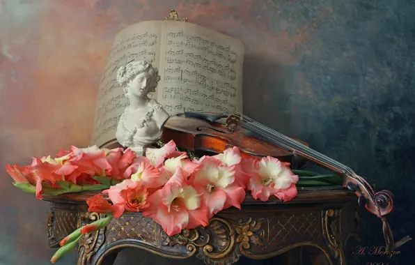 Flowers, style, notes, background, violin, figurine, still life, gladiolus