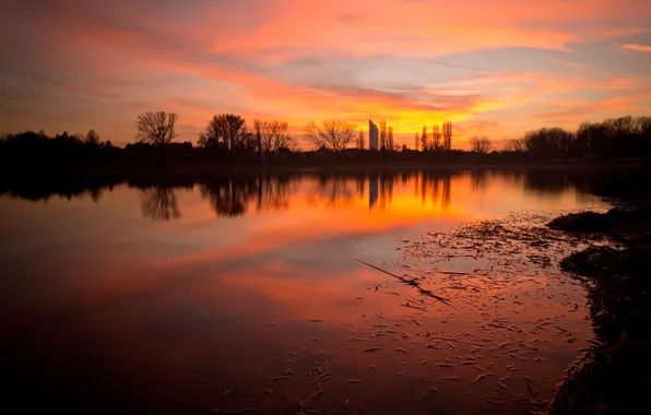 The sky, sunset, the city, lake