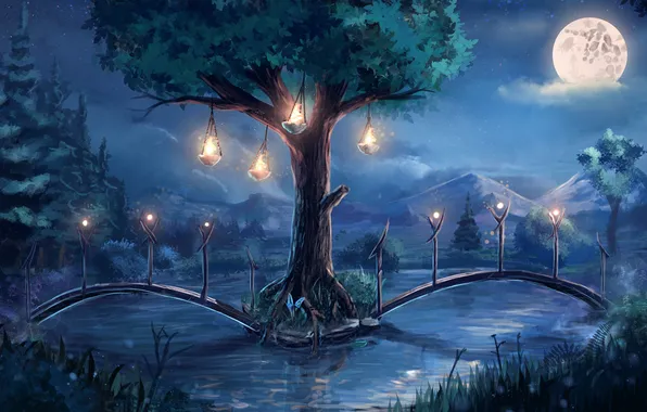 Night, river, the moon, art