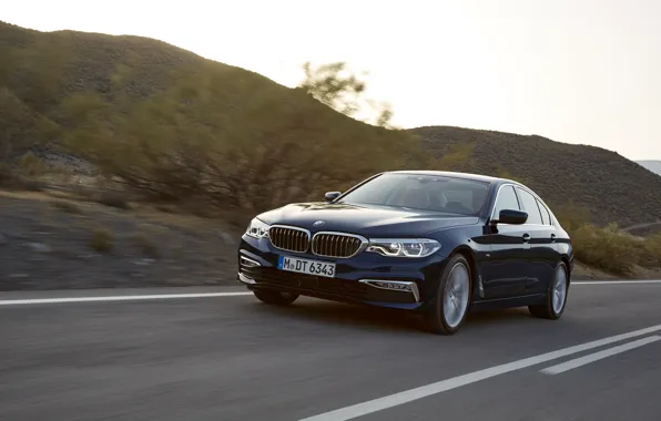 Picture road, the sky, asphalt, mountains, markup, vegetation, BMW, sedan