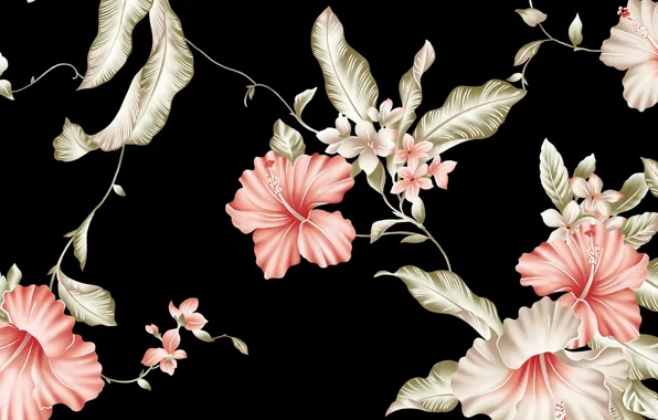 Picture figure, black background, pink flowers