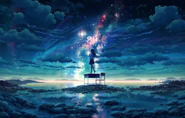 The sky, water, girl, stars, fantasy, Parta