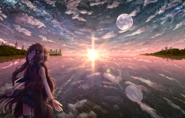 Picture water, girl, the sun, the city, the moon, the plane