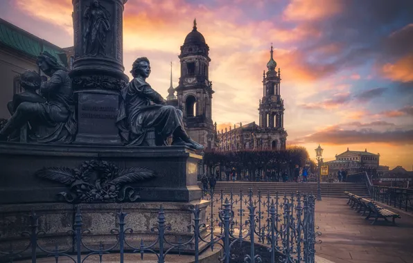 Picture sunset, tower, fence, Germany, Dresden, monument, Church, Cathedral