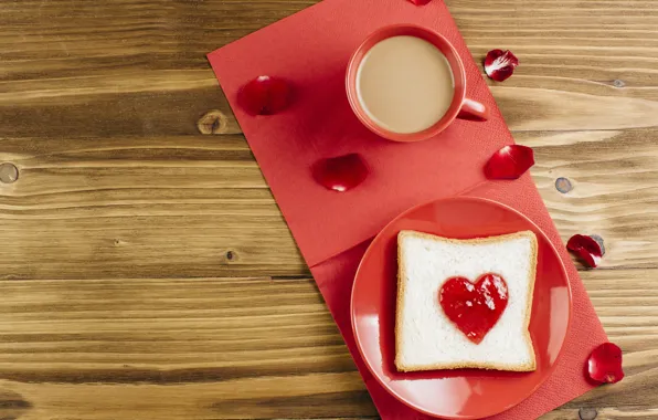 Coffee, petals, heart, jam, jam, toast, Toast