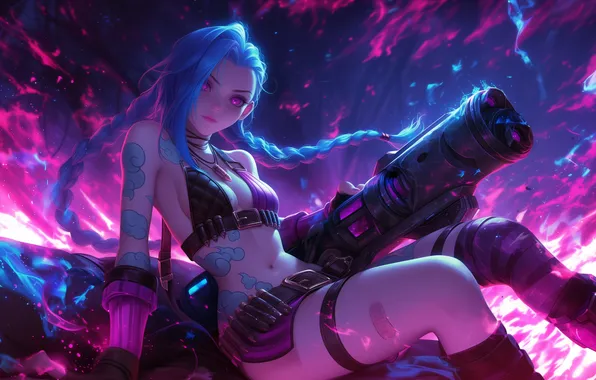 Wallpaper, neon, wallpaper, fire, gun, anime, neon, League of Legends