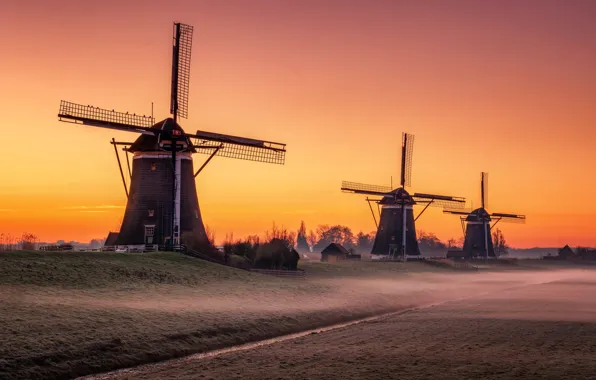 Sunset, mill, Netherlands, South Holland, Leidschendam
