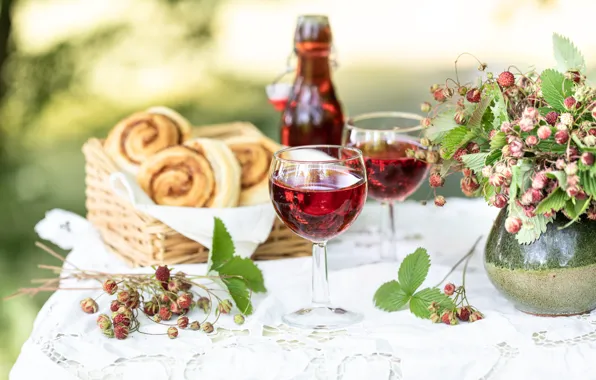 Summer, wine, glasses, still life, buns, Karina Klachuk