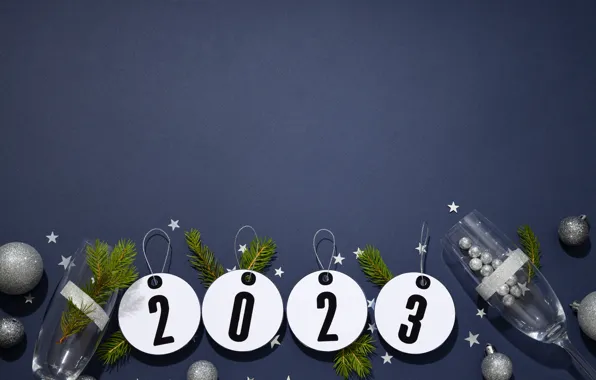 Glass, balls, branches, silver, glasses, figures, New year, round