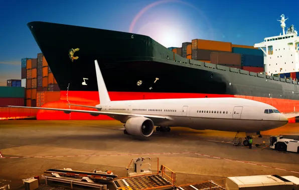 The plane, transport, ship, port, passenger, container