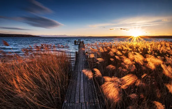 Wave, the sky, the sun, rays, light, sunset, lake, river