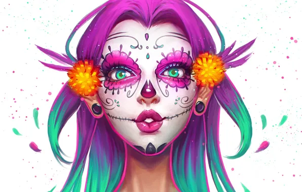 Girl, face, skull, beauty, makeup, art, Sugar Skull