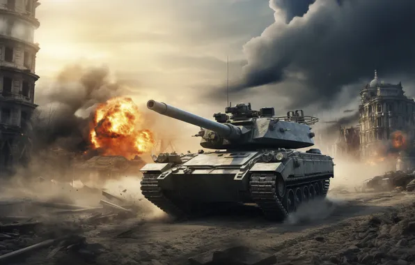 Picture Home, Smoke, Fire, Building, Tank, Digital art, Devastation, AI art