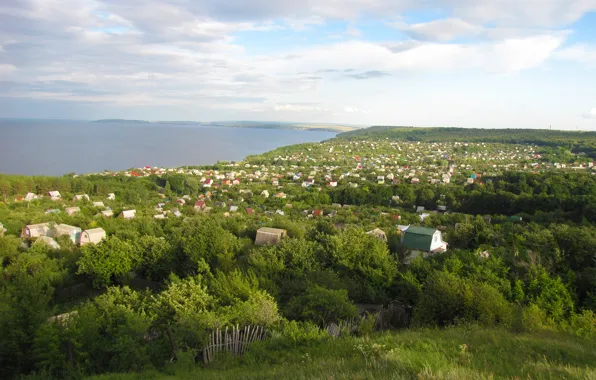 The sky, grass, clouds, trees, river, home, Volga, Ulyanovsk
