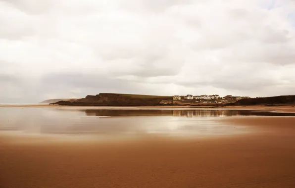 Beach, water, clouds, hills, sand, houses, shore, bank