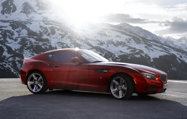 Picture the sky, mountains, red, coupe, BMW, BMW, Coupe, the front