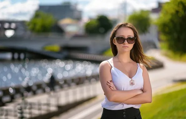 Girl, pose, glasses, bokeh, Ekaterina, Dmitry Medved