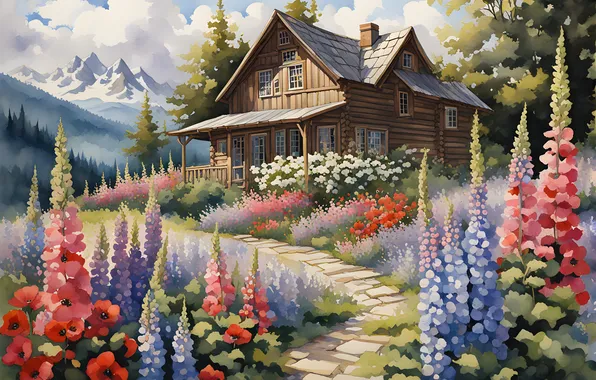 Summer, flowers, house, garden, track, imitation painting, AI art, neural network