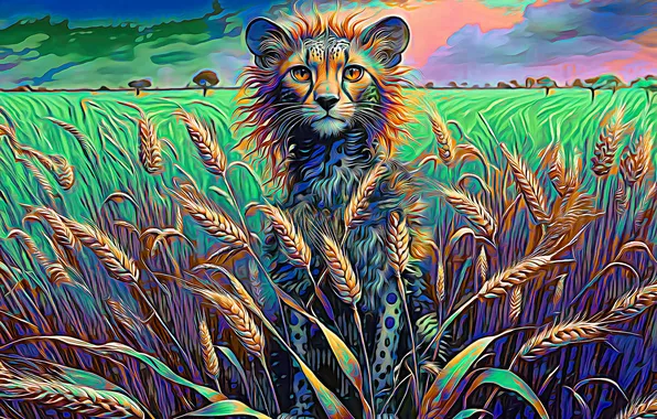 Field, purple, look, face, nature, green, Cheetah, ears