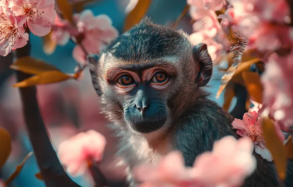 Look, flowers, branches, portrait, spring, monkey, pink, face