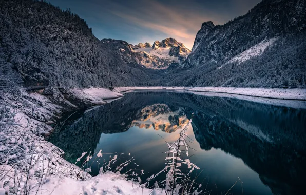 Snow, mountains, lake, reflection, Austria, Alps, Austria, Alps