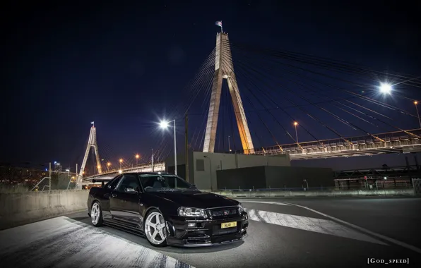 Nissan, turbo, black, skyline, japan, bridge, jdm, tuning
