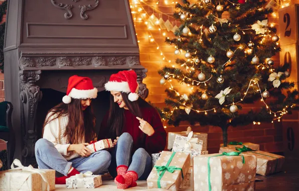 Joy, girls, room, Christmas, gifts, New year, fireplace, Duo